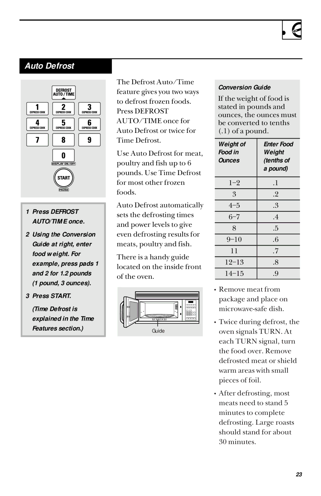 GE JVM1451, JVM1450 owner manual Auto Defrost, Conversion Guide, Food Weight Ounces Tenths Pound 