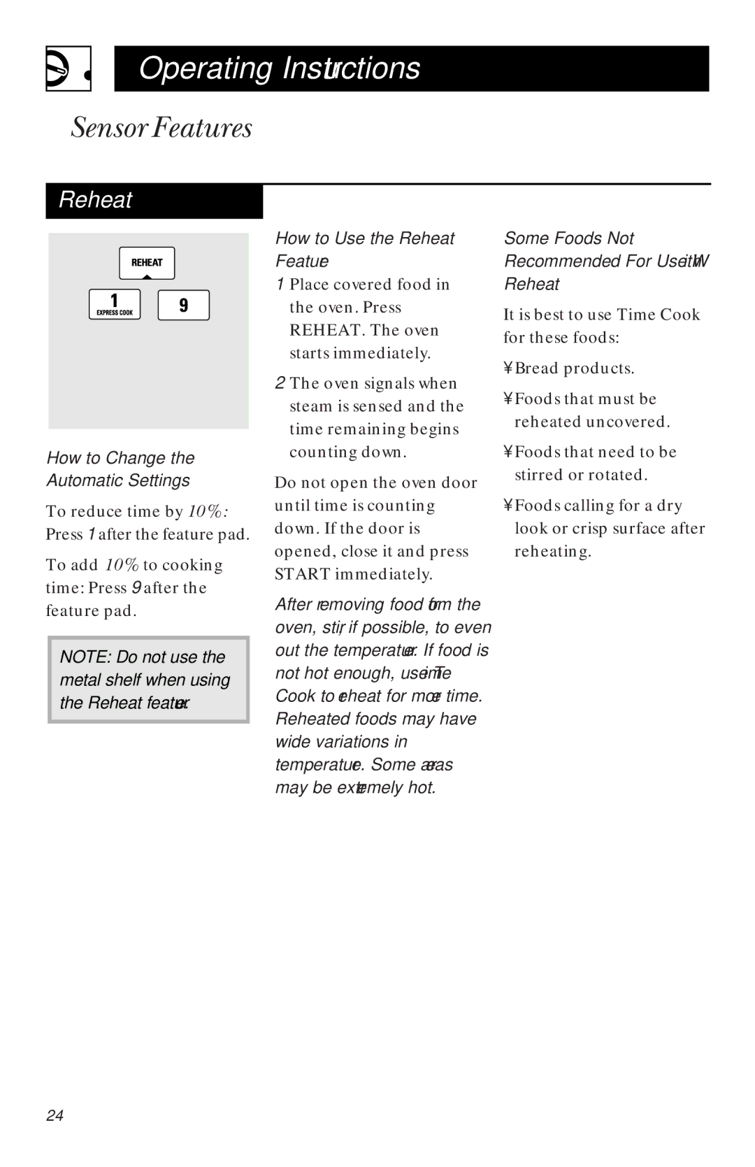 GE JVM1450, JVM1451 owner manual Sensor Features, How to Change Automatic Settings, How to Use the Reheat Feature 