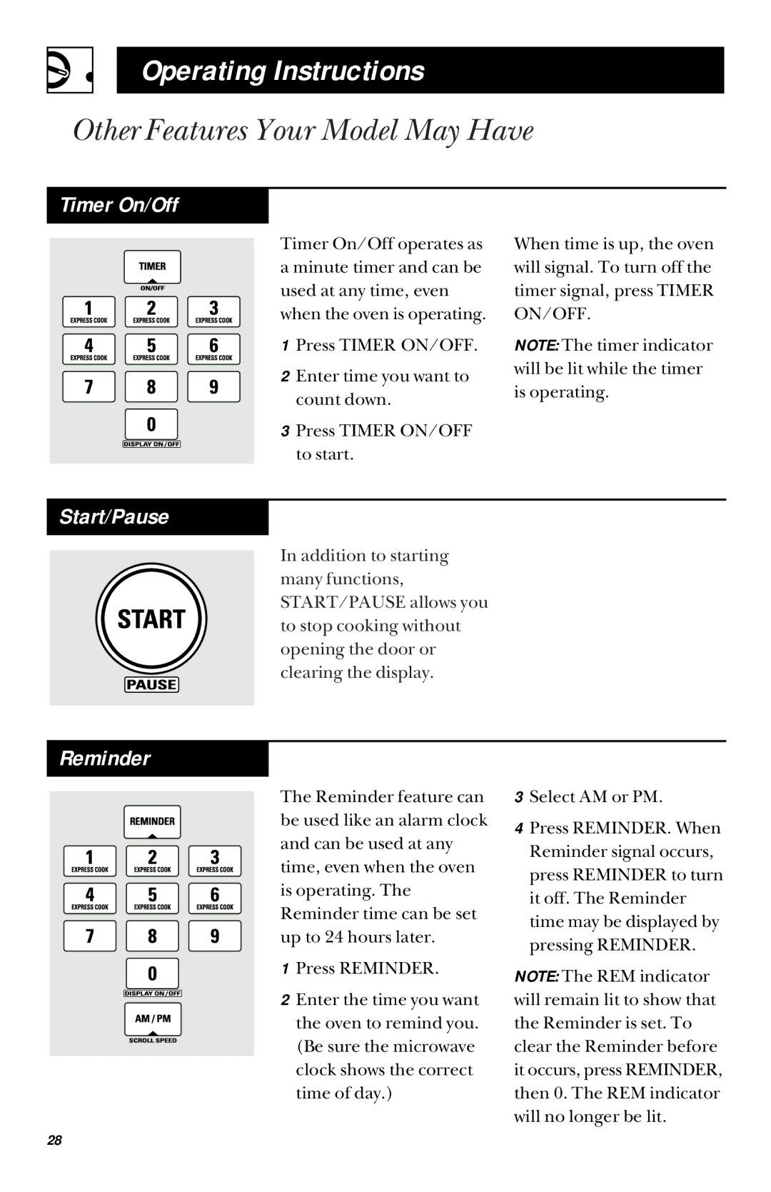 GE JVM1450, JVM1451 owner manual Timer On/Off, Start/Pause 