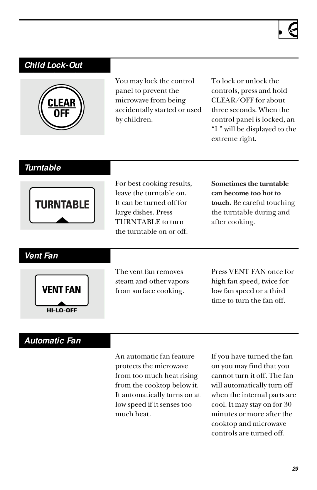 GE JVM1451, JVM1450 owner manual Child Lock-Out, Turntable, Vent Fan, Automatic Fan 