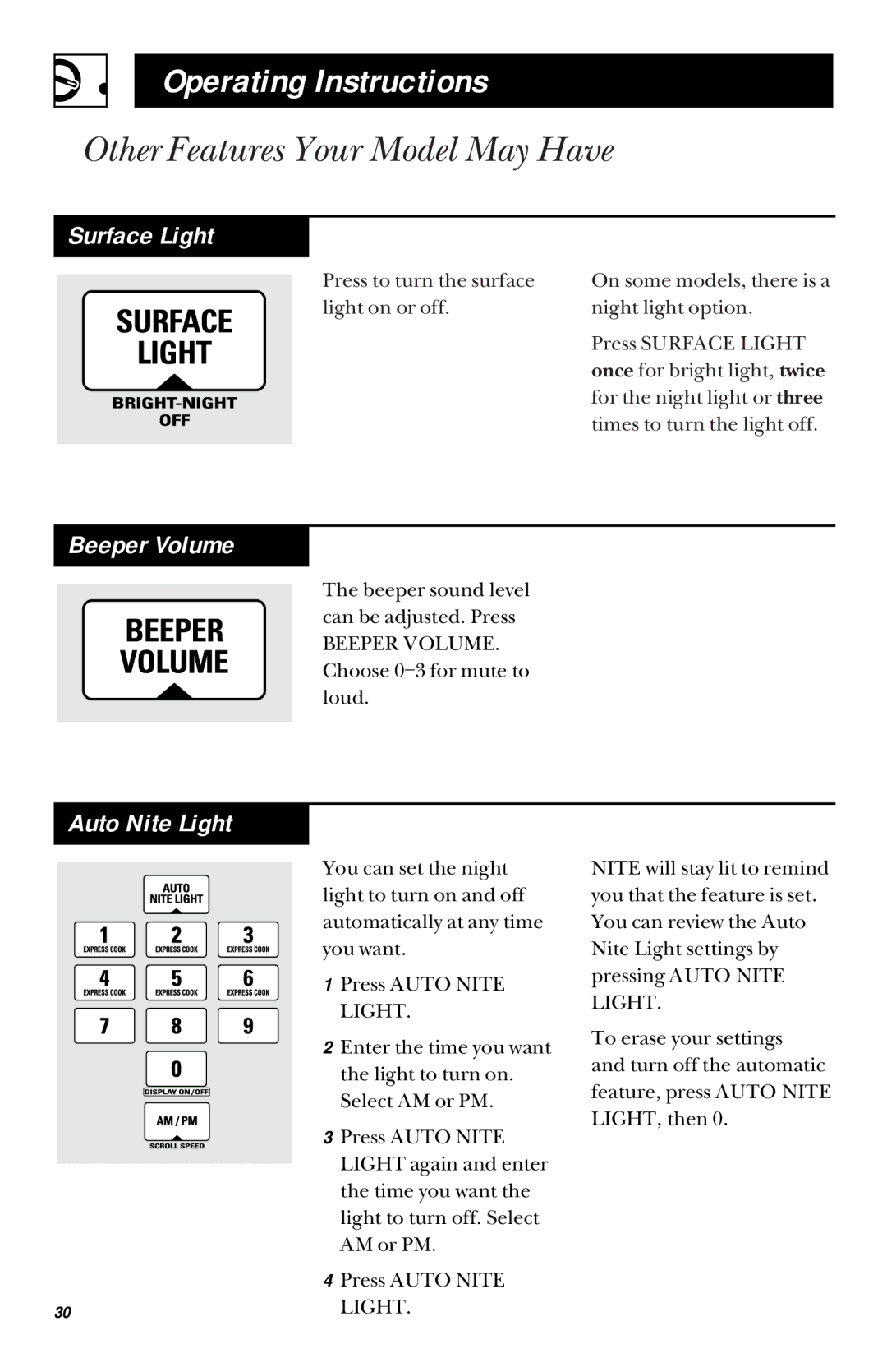 GE JVM1450, JVM1451 owner manual Surface Light, Beeper Volume, Auto Nite Light 