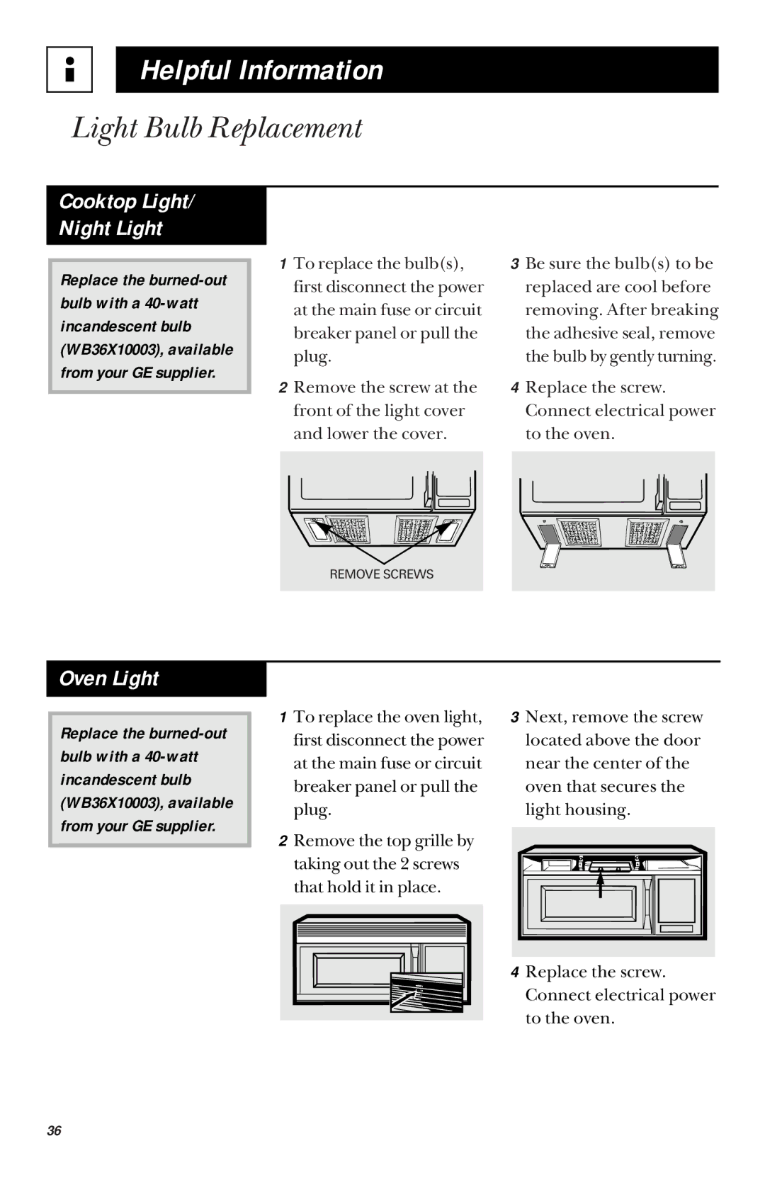 GE JVM1450, JVM1451 owner manual Light Bulb Replacement, Oven Light 