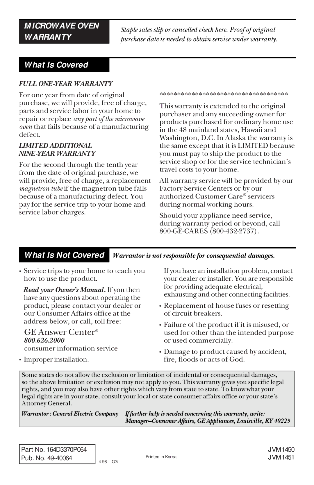 GE JVM1450, JVM1451 owner manual What Is Covered, Microwave Oven Warranty 