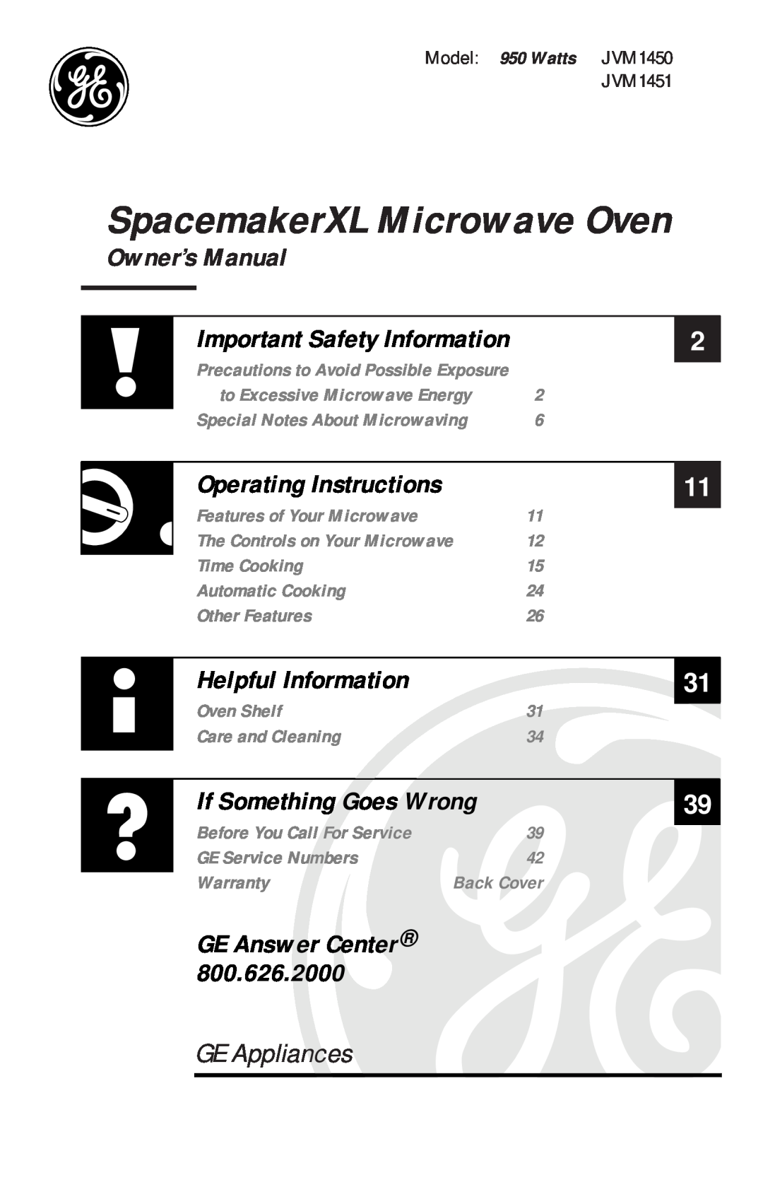 GE JVM1451, JVM1450 owner manual SpacemakerXL Microwave Oven, GE Appliances, Operating Instructions, Helpful Information 