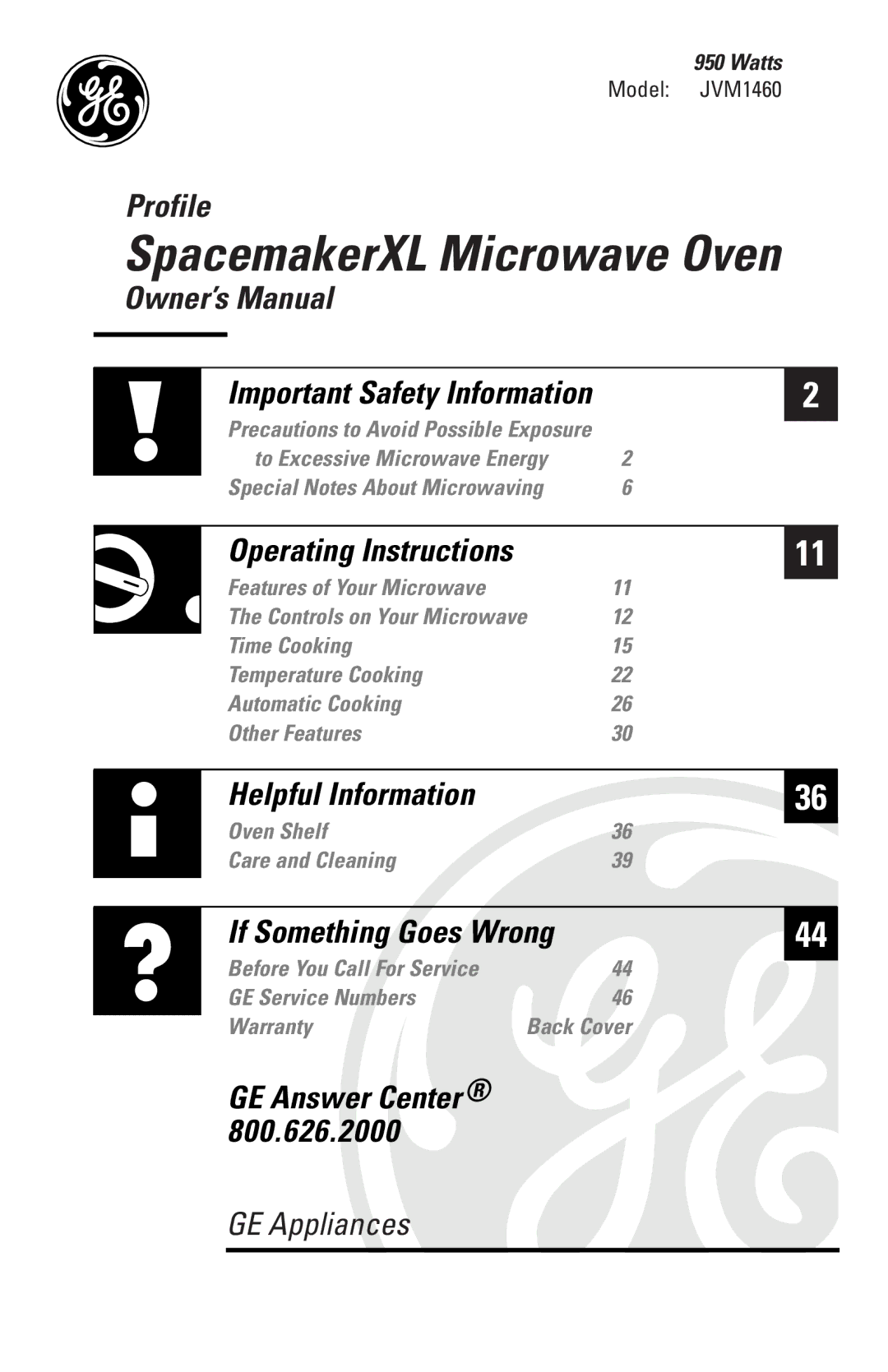 GE JVM1460 owner manual SpacemakerXL Microwave Oven, Watts 