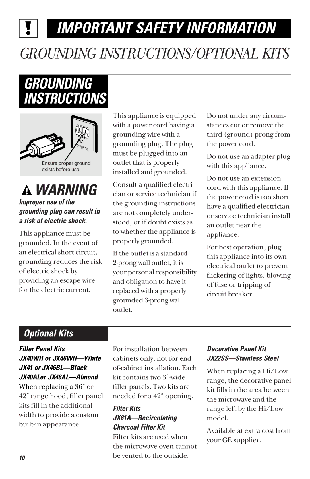 GE JVM1460 owner manual Optional Kits, Filler Panel Kits, Filter Kits JX81A-Recirculating Charcoal Filter Kit 