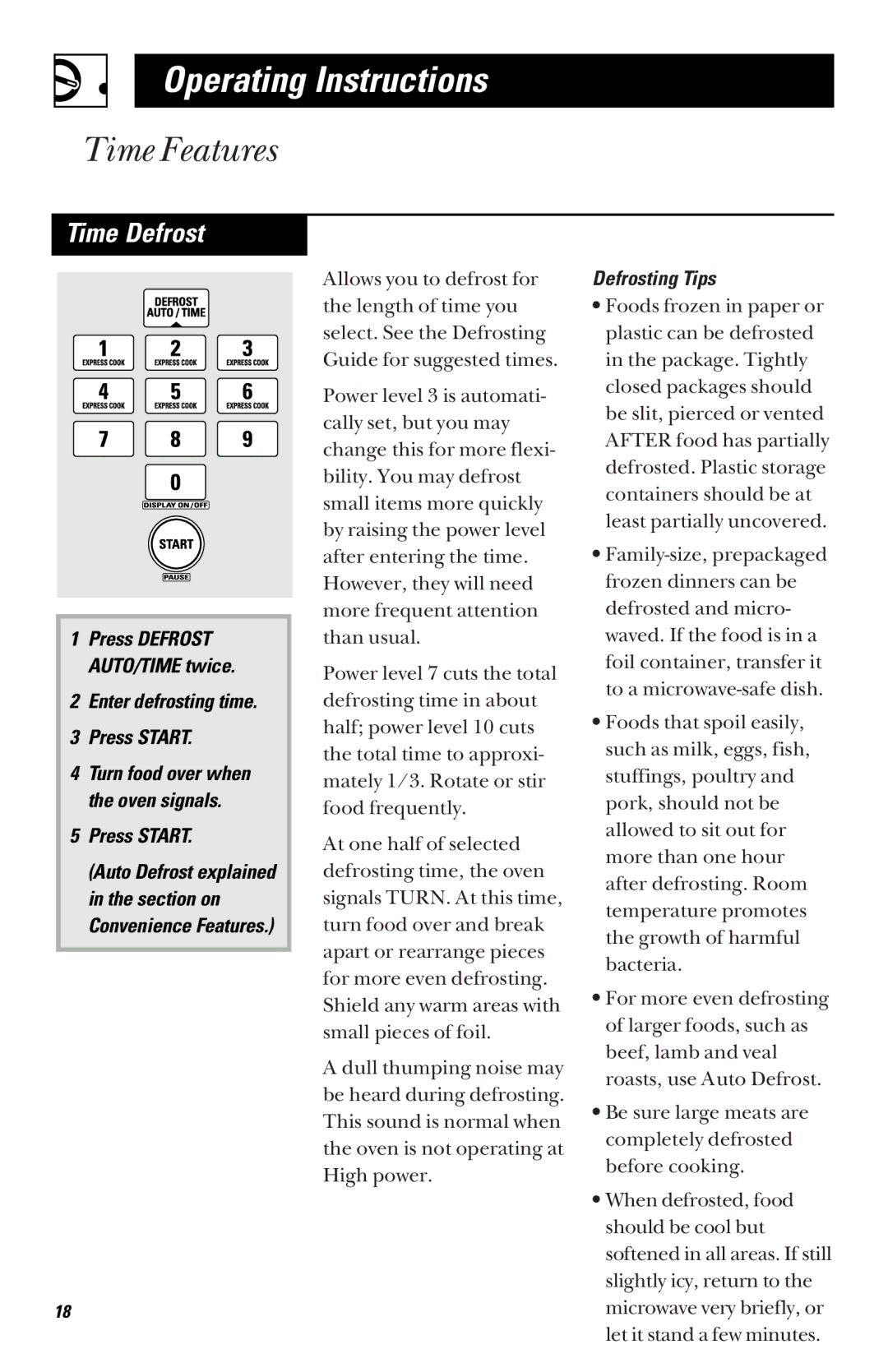 GE JVM1460 owner manual Time Defrost, Enter defrosting time Press Start, Defrosting Tips 