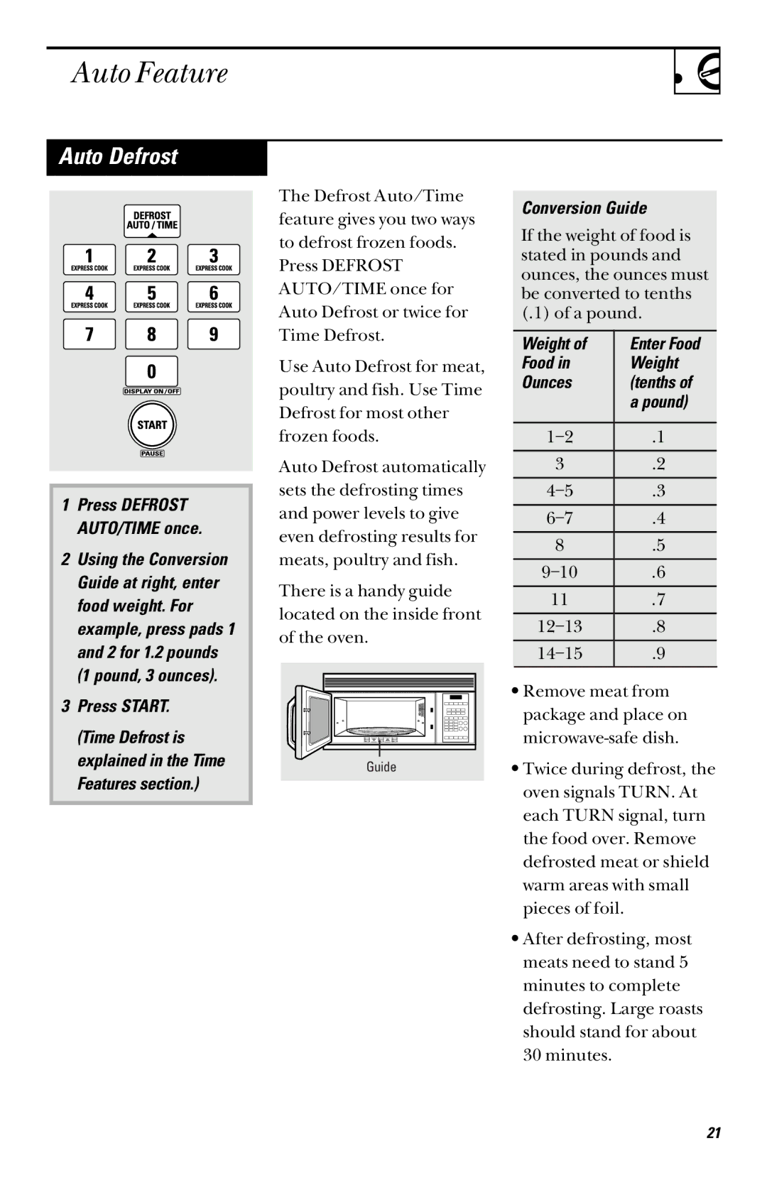 GE JVM1460 owner manual Auto Feature, Auto Defrost, Conversion Guide, Food Weight Ounces Tenths Pound 