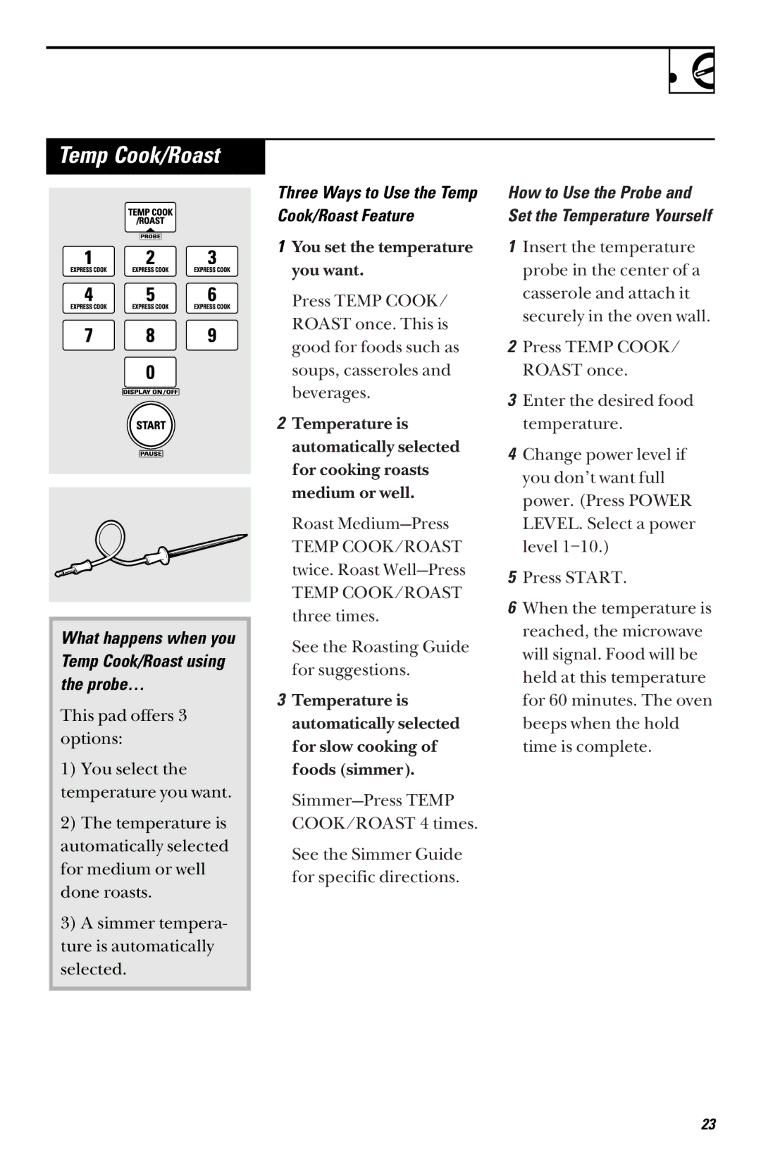 GE JVM1460 owner manual Temp Cook/Roast 