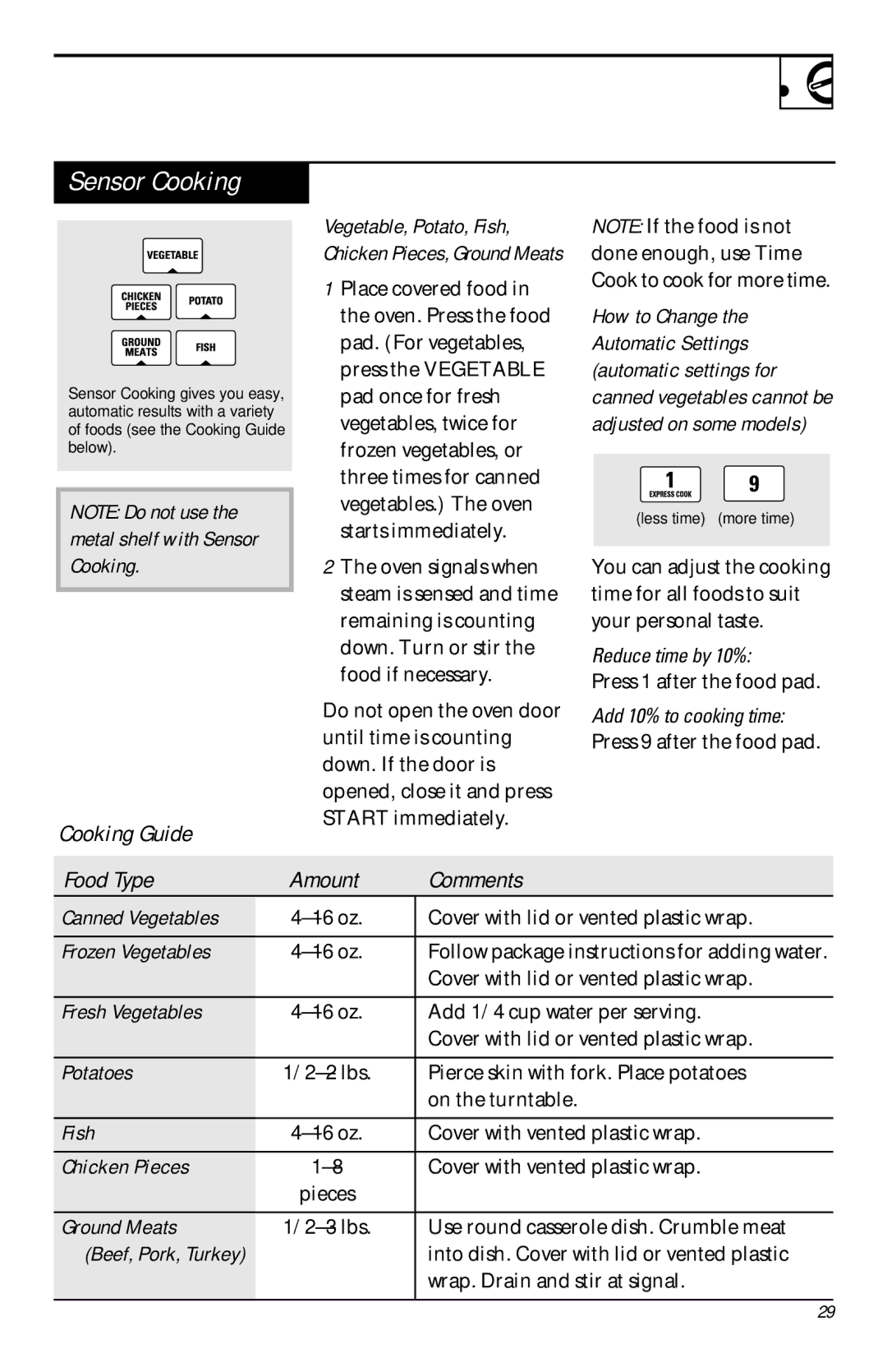 GE JVM1460 owner manual Sensor Cooking, Cooking Guide, Food Type Amount Comments 