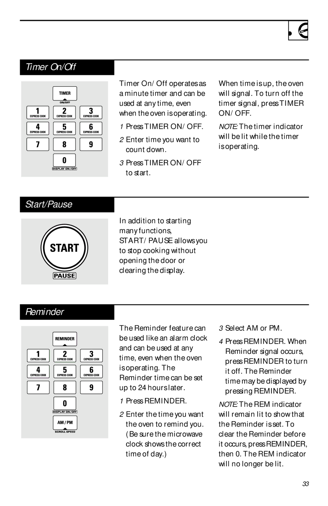 GE JVM1460 owner manual Timer On/Off, Start/Pause 