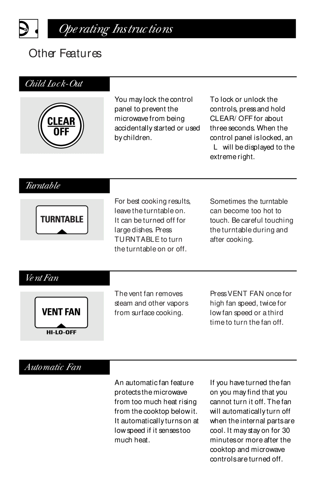 GE JVM1460 owner manual Child Lock-Out, Turntable, Vent Fan, Automatic Fan 