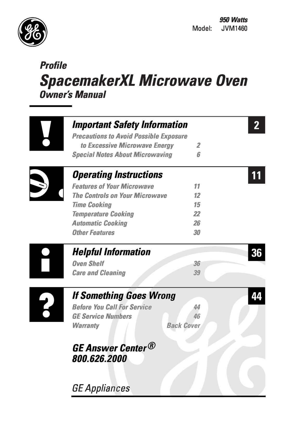 GE JVM1460 owner manual Profile, Owner’s Manual, Watts, SpacemakerXL Microwave Oven, GE Appliances, Operating Instructions 
