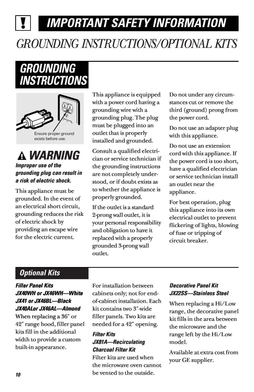 GE JVM1460 owner manual Grounding Instructions/Optional Kits, Important Safety Information, Filler Panel Kits 
