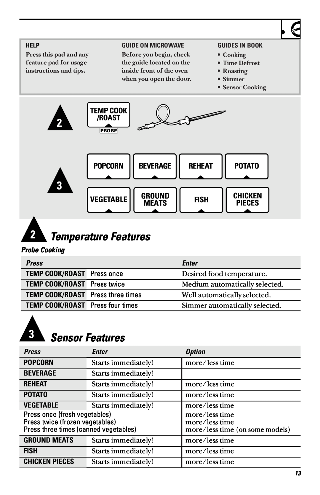 GE JVM1460 Temperature Features, Sensor Features, Probe Cooking, Press, Enter, Desired food temperature, Option 