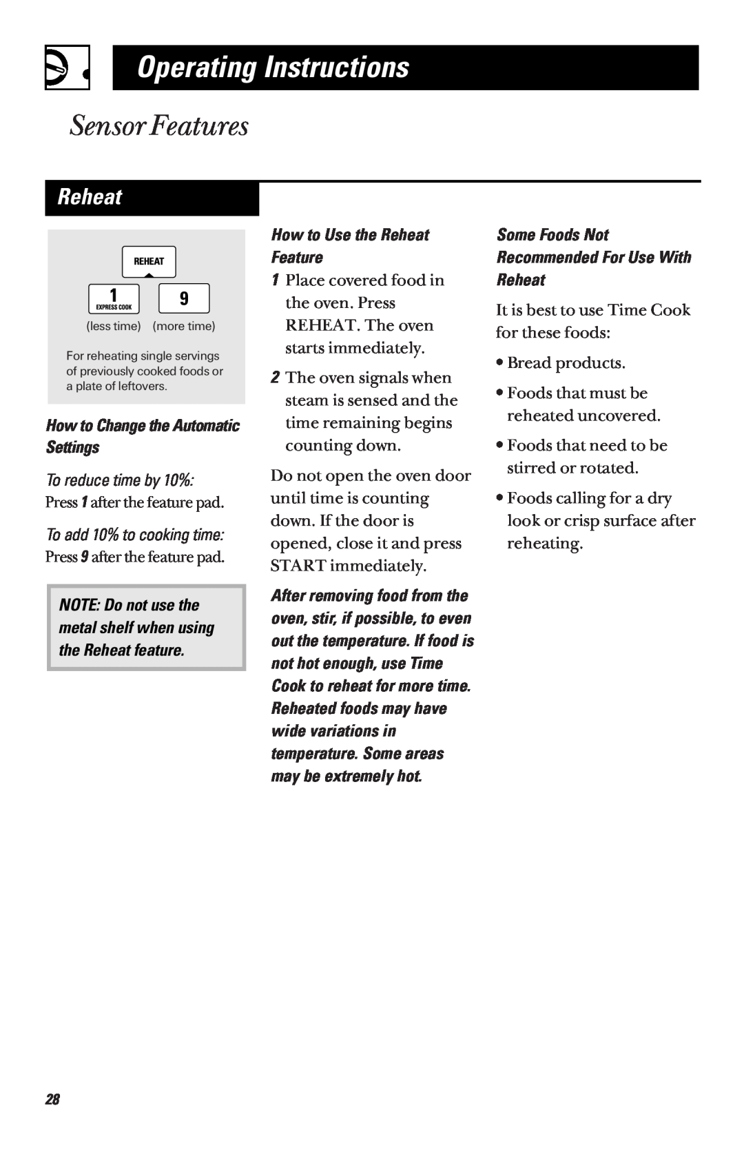 GE JVM1460 Reheat, Operating Instructions, Sensor Features, How to Change the Automatic Settings, To reduce time by 10% 