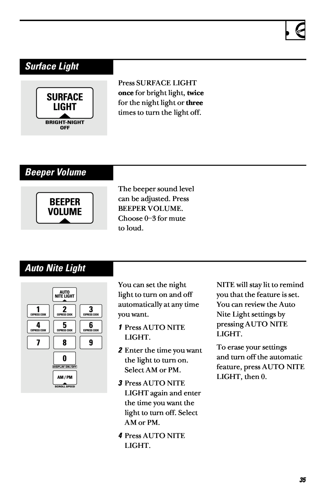 GE JVM1460 owner manual Surface Light, Beeper Volume, Auto Nite Light 