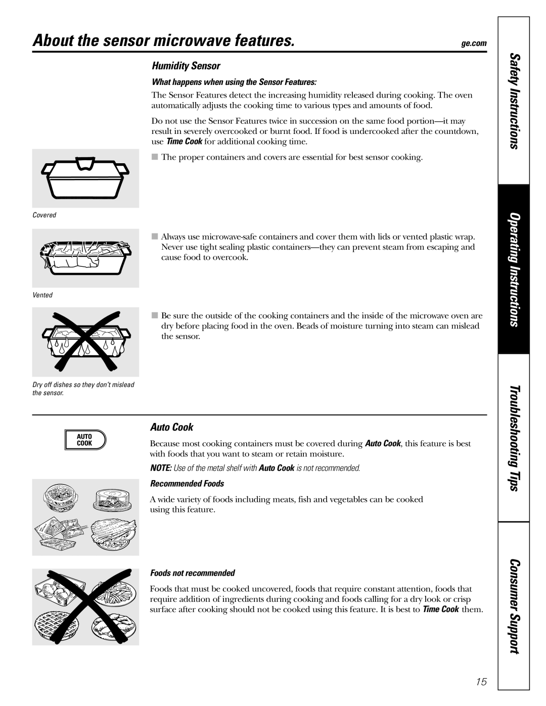 GE JVM1490SS, JVM1490WH owner manual About the sensor microwave features, Humidity Sensor, Auto Cook 