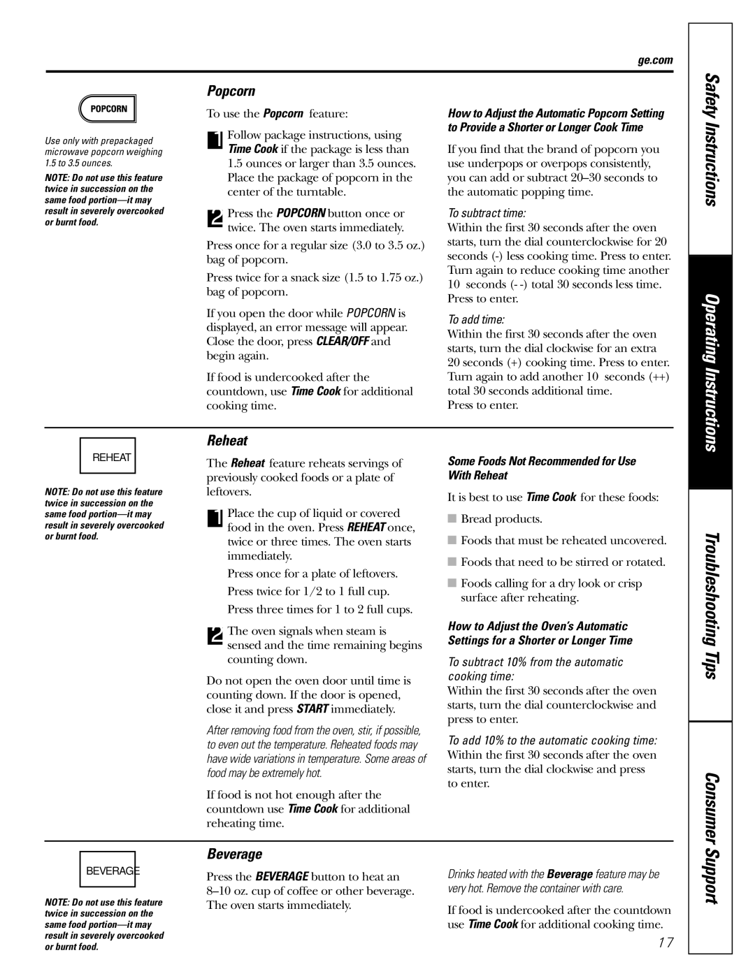 GE JVM1490SS, JVM1490WH owner manual Support, Popcorn, Beverage, Some Foods Not Recommended for Use With Reheat 