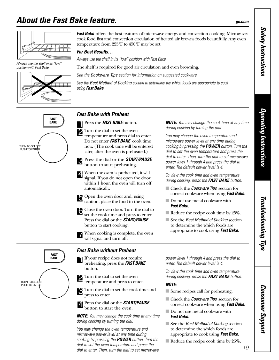 GE JVM1490SS About the Fast Bake feature, Fast Bake with Preheat, Fast Bake without Preheat, Troubleshooting Tips 