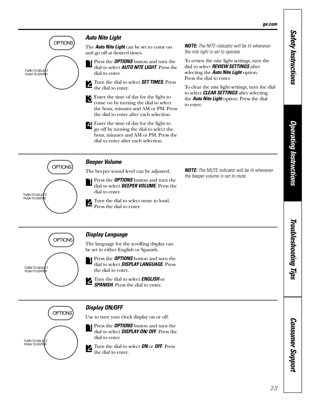 GE JVM1490SS, JVM1490WH owner manual Auto Nite Light, Beeper Volume, Display Language, Display ON/OFF 