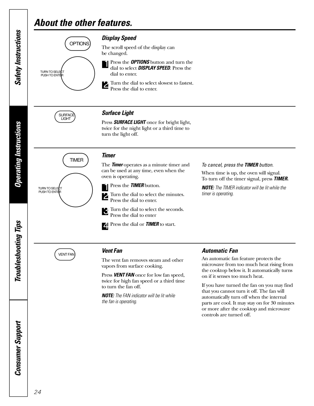 GE JVM1490WH, JVM1490SS owner manual Tips, Troubleshooting Consumer Support, Display Speed, Timer, Vent Fan 