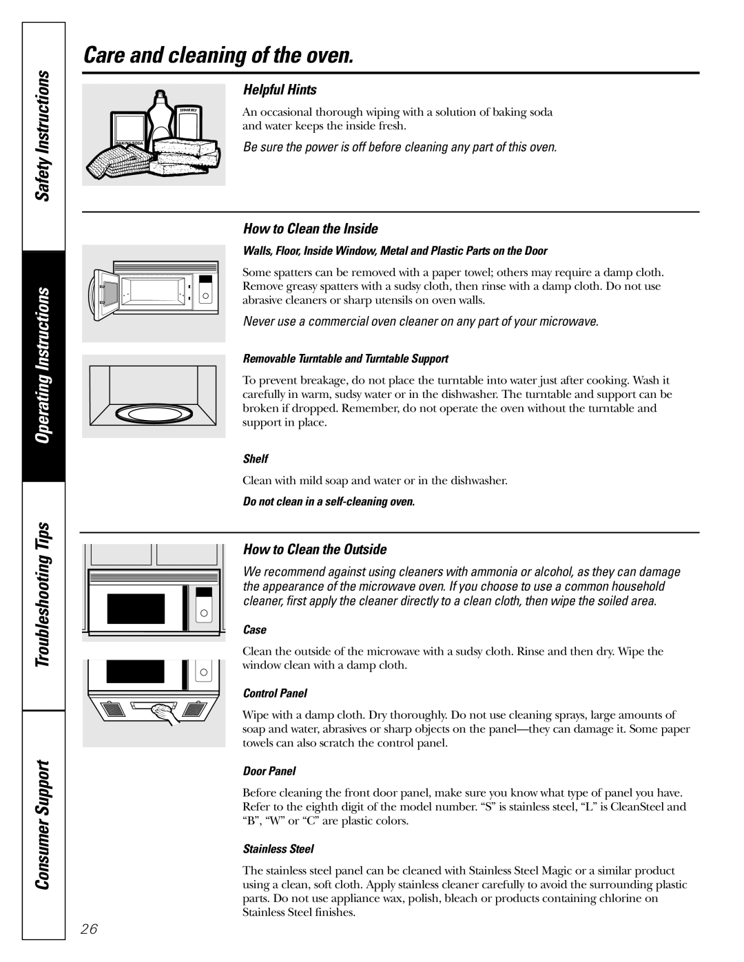 GE JVM1490WH, JVM1490SS Care and cleaning of the oven, Helpful Hints, How to Clean the Inside, How to Clean the Outside 