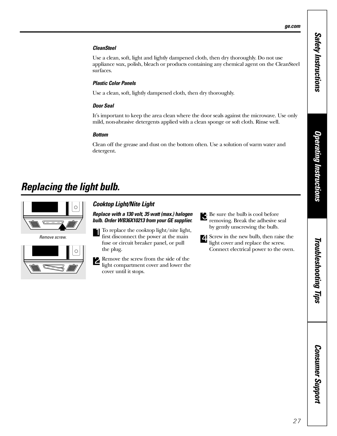 GE JVM1490SS, JVM1490WH owner manual Replacing the light bulb, Cooktop Light/Nite Light 