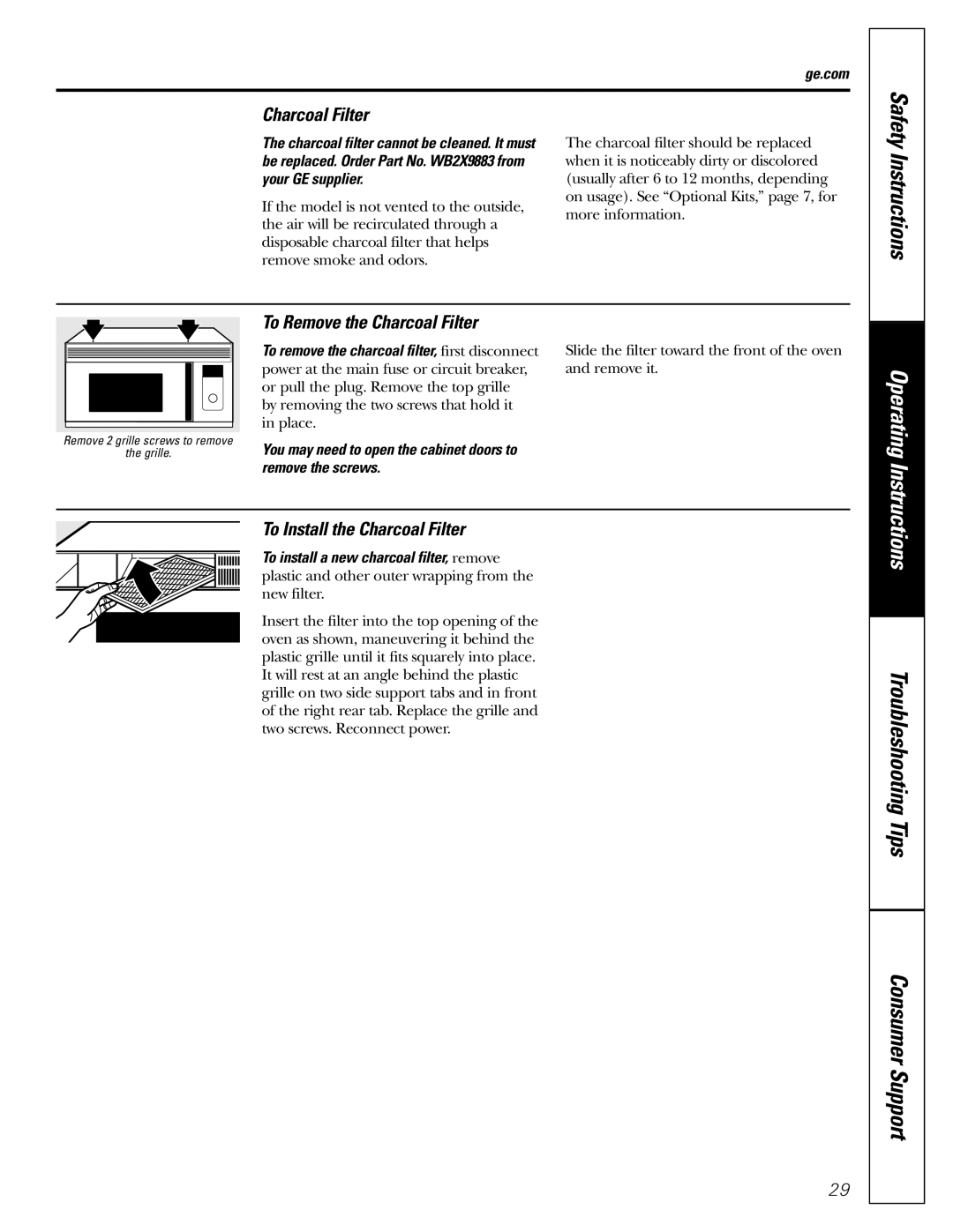 GE JVM1490SS, JVM1490WH owner manual To Remove the Charcoal Filter, To Install the Charcoal Filter 