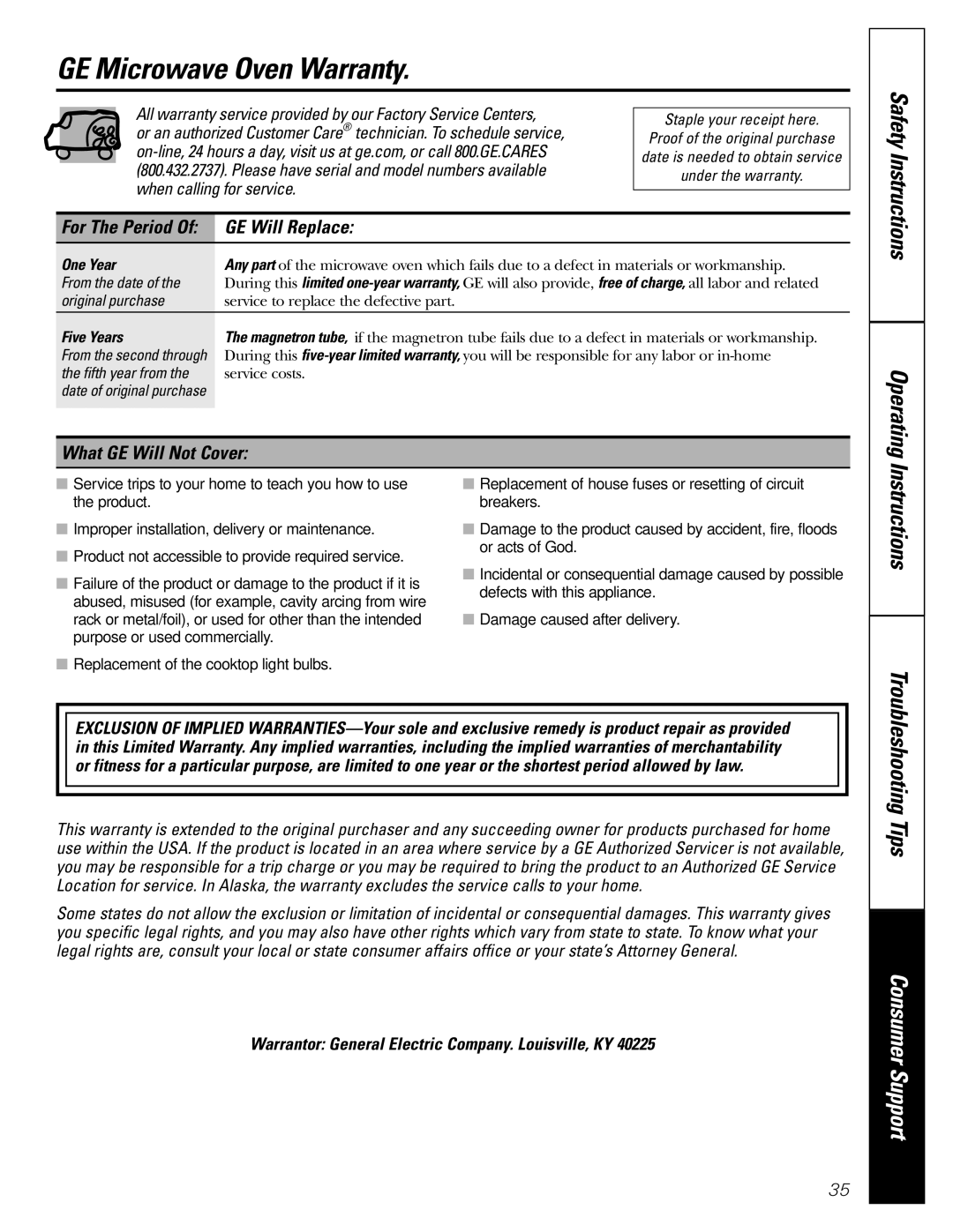 GE JVM1490SS, JVM1490WH owner manual GE Microwave Oven Warranty, GE Will Replace, What GE Will Not Cover, For The Period 