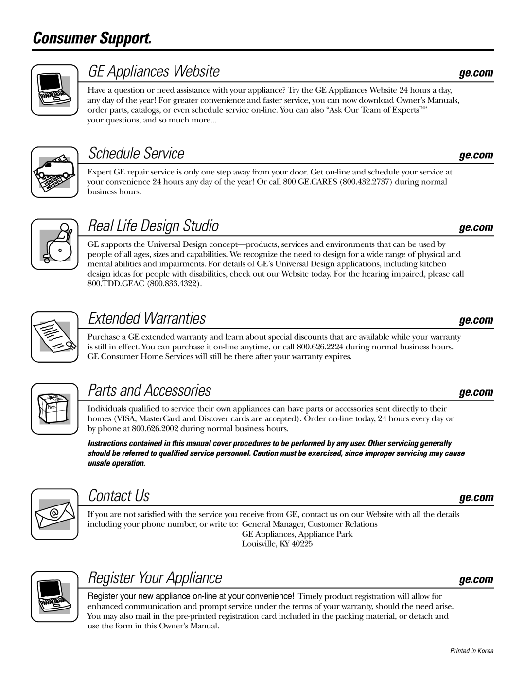 GE JVM1490WH Consumer Support GE Appliances Website, Schedule Service, Real Life Design Studio, Extended Warranties 