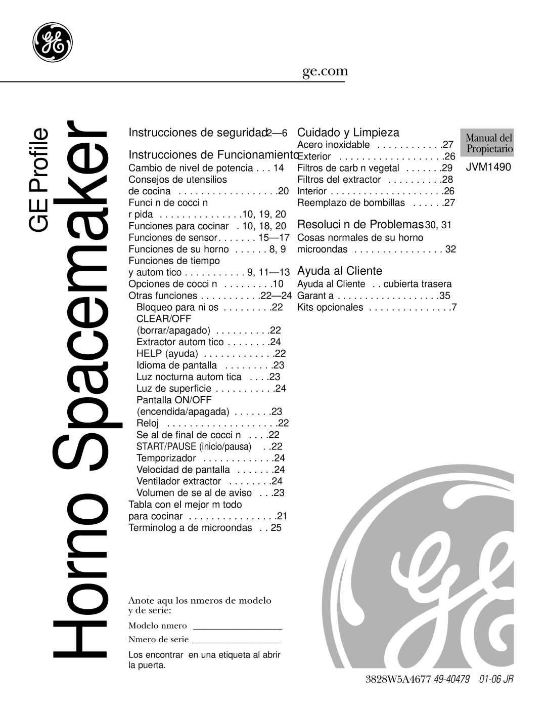 GE JVM1490SS Anote aquí los números de modelo y de serie, Manual del, Propietario, Modelo número Número de serie 