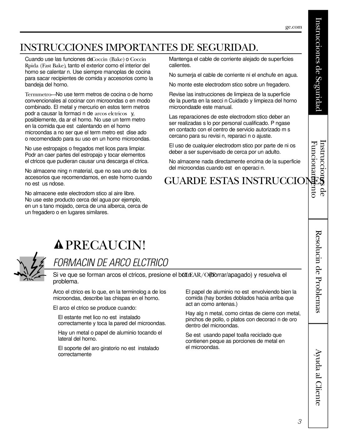 GE JVM1490SS Formación DE Arco Eléctrico, Funcionamiento Instrucciones de, Resolución de, Problemas Ayuda al Cliente 