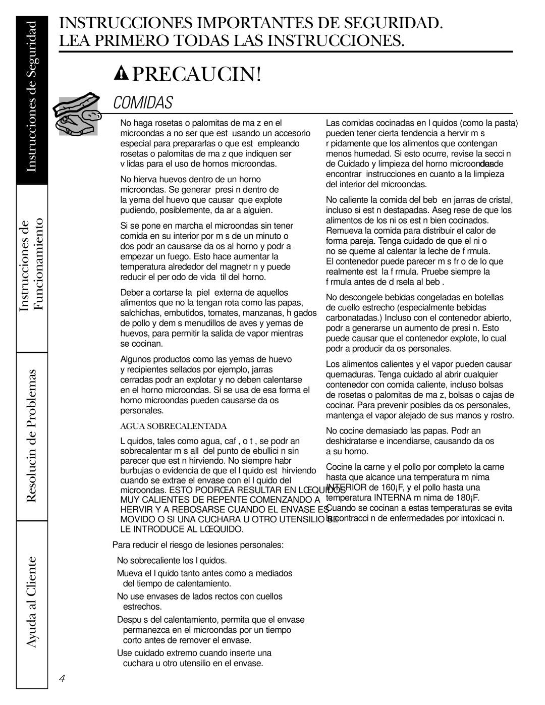 GE JVM1490WH, JVM1490SS owner manual Comidas, Agua Sobrecalentada 