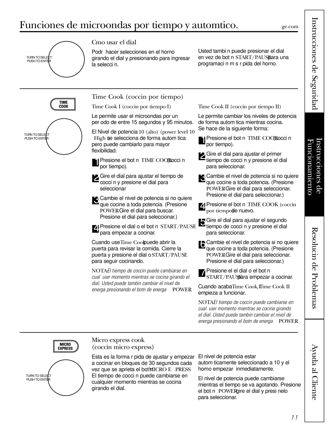 GE JVM1490SS Funciones de microondas por tiempo y automático, Al Cliente, Cómo usar el dial, Time Cook cocción por tiempo 