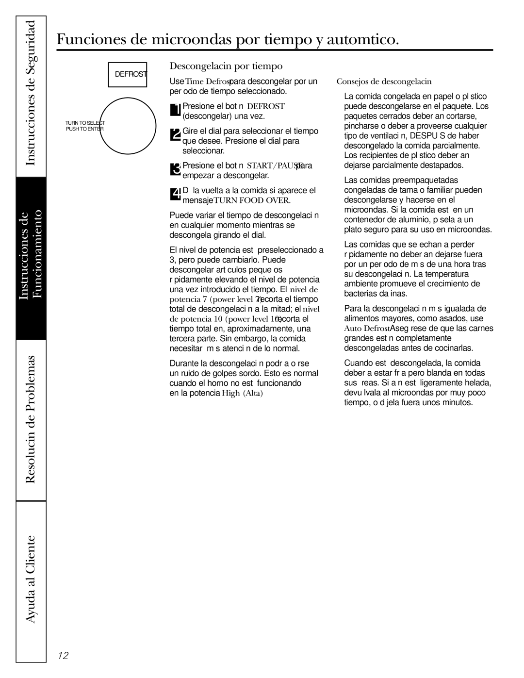 GE JVM1490WH, JVM1490SS owner manual Descongelación por tiempo, Consejos de descongelación 