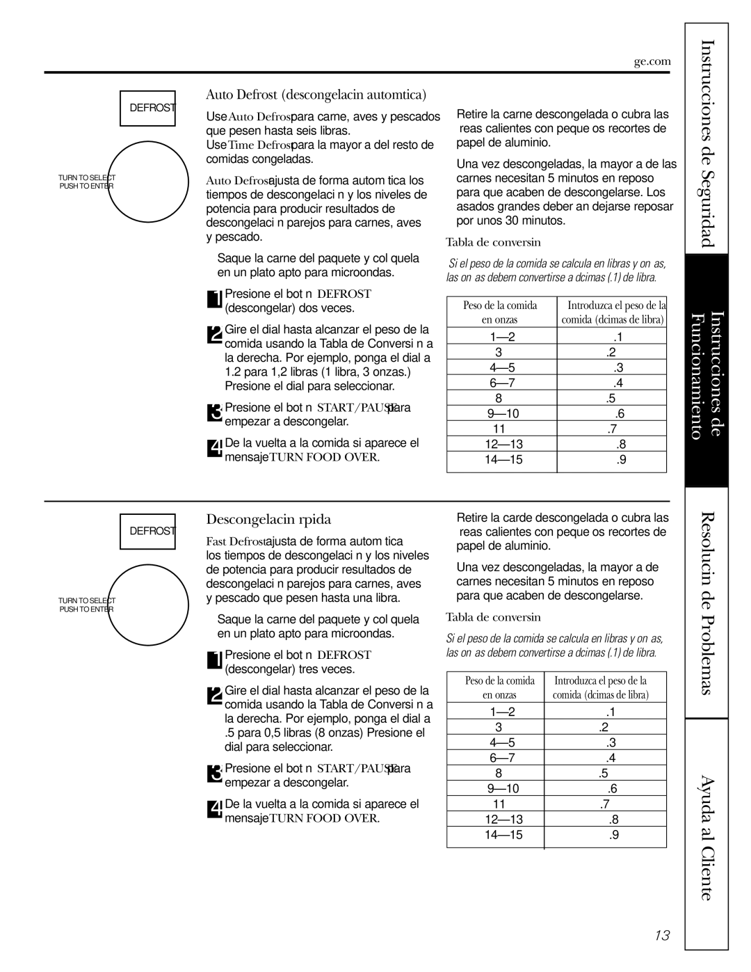 GE JVM1490SS, JVM1490WH owner manual Descongelación rápida, Auto Defrost descongelación automática, Tabla de conversión 