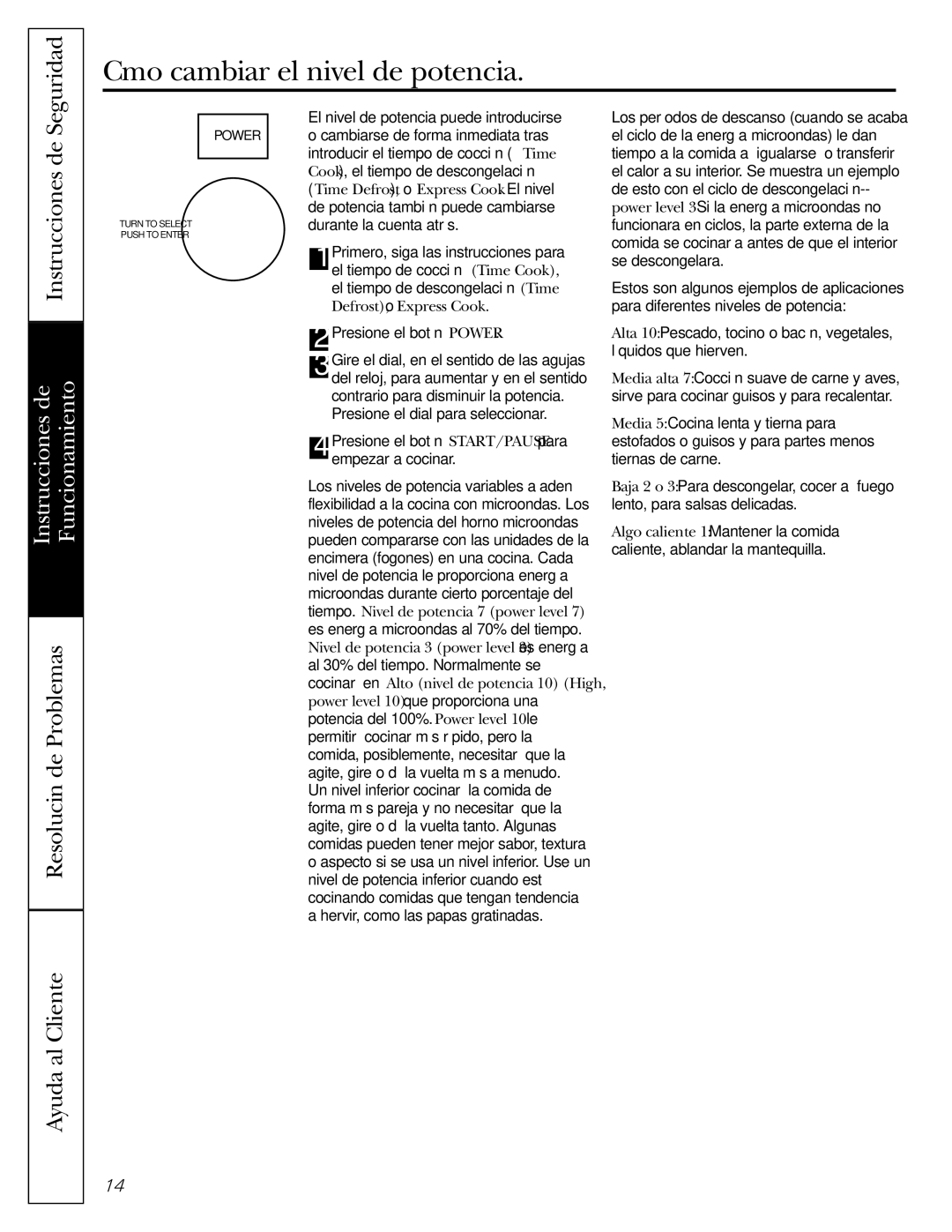 GE JVM1490WH, JVM1490SS owner manual Cómo cambiar el nivel de potencia 