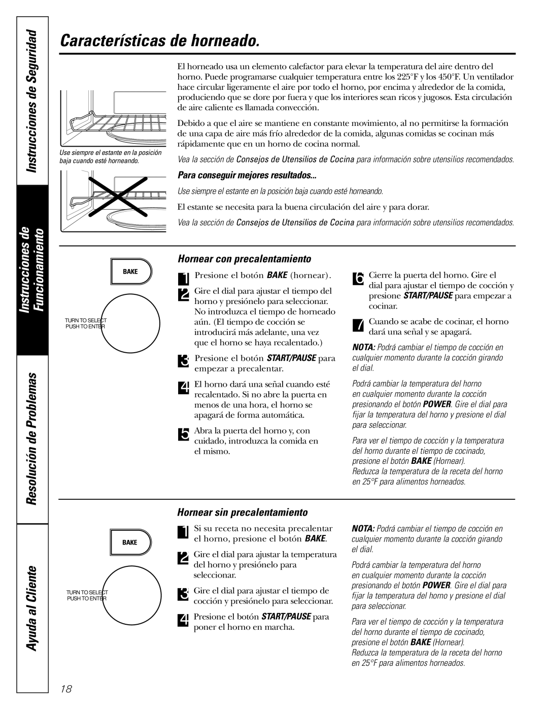 GE JVM1490WH, JVM1490SS owner manual Características de horneado, Hornear con precalentamiento, Hornear sin precalentamiento 