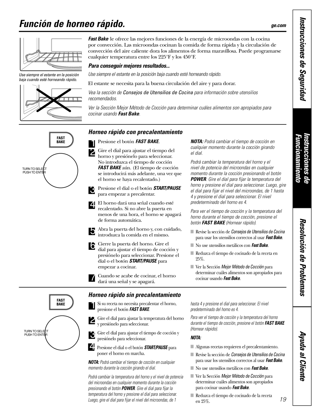 GE JVM1490SS, JVM1490WH Función de horneo rápido, Horneo rápido con precalentamiento, Horneo rápido sin precalentamiento 