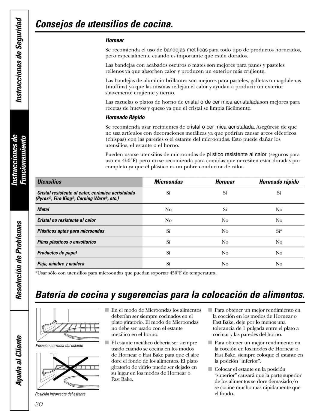 GE JVM1490WH, JVM1490SS owner manual Consejos de utensilios de cocina, Horneado Rápido, Utensilios Microondas Hornear 