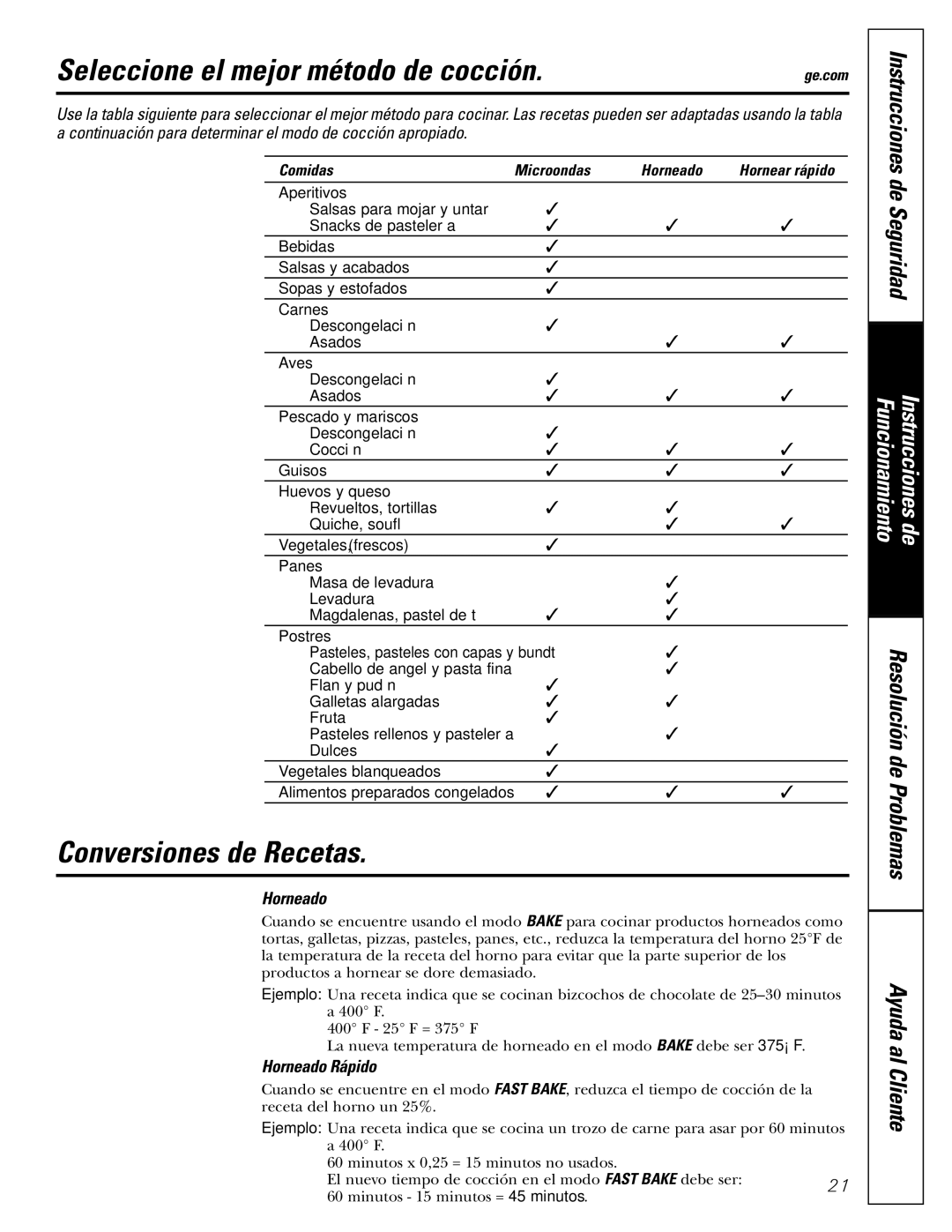 GE JVM1490SS, JVM1490WH owner manual Seleccione el mejor método de cocción, Conversiones de Recetas, Horneado, Comidas 