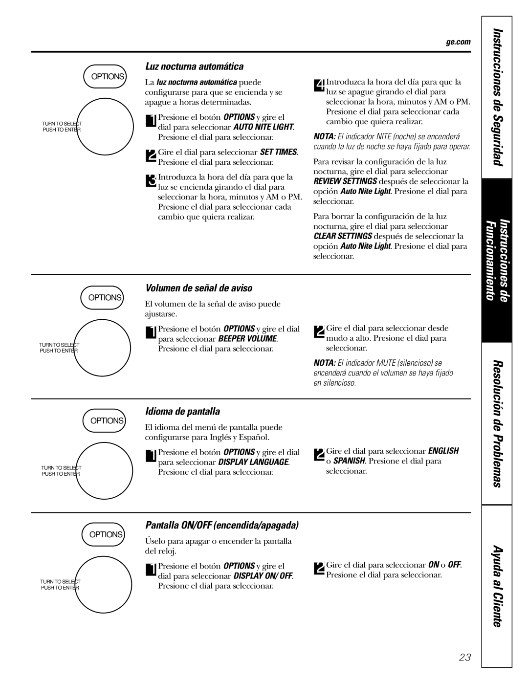 GE JVM1490SS, JVM1490WH owner manual De Seguridad, Luz nocturna automática, Volumen de señal de aviso, Idioma de pantalla 