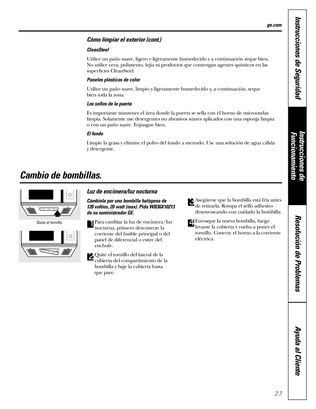 GE JVM1490SS, JVM1490WH owner manual Cambio de bombillas, Luz de encimera/luz nocturna 