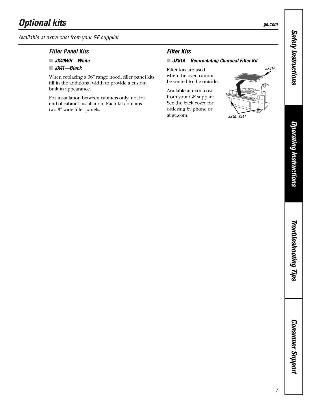 GE JVM1490SS, JVM1490WH owner manual Optional kits, Filler Panel Kits, Filter Kits, JX40WH-White JX41-Black 