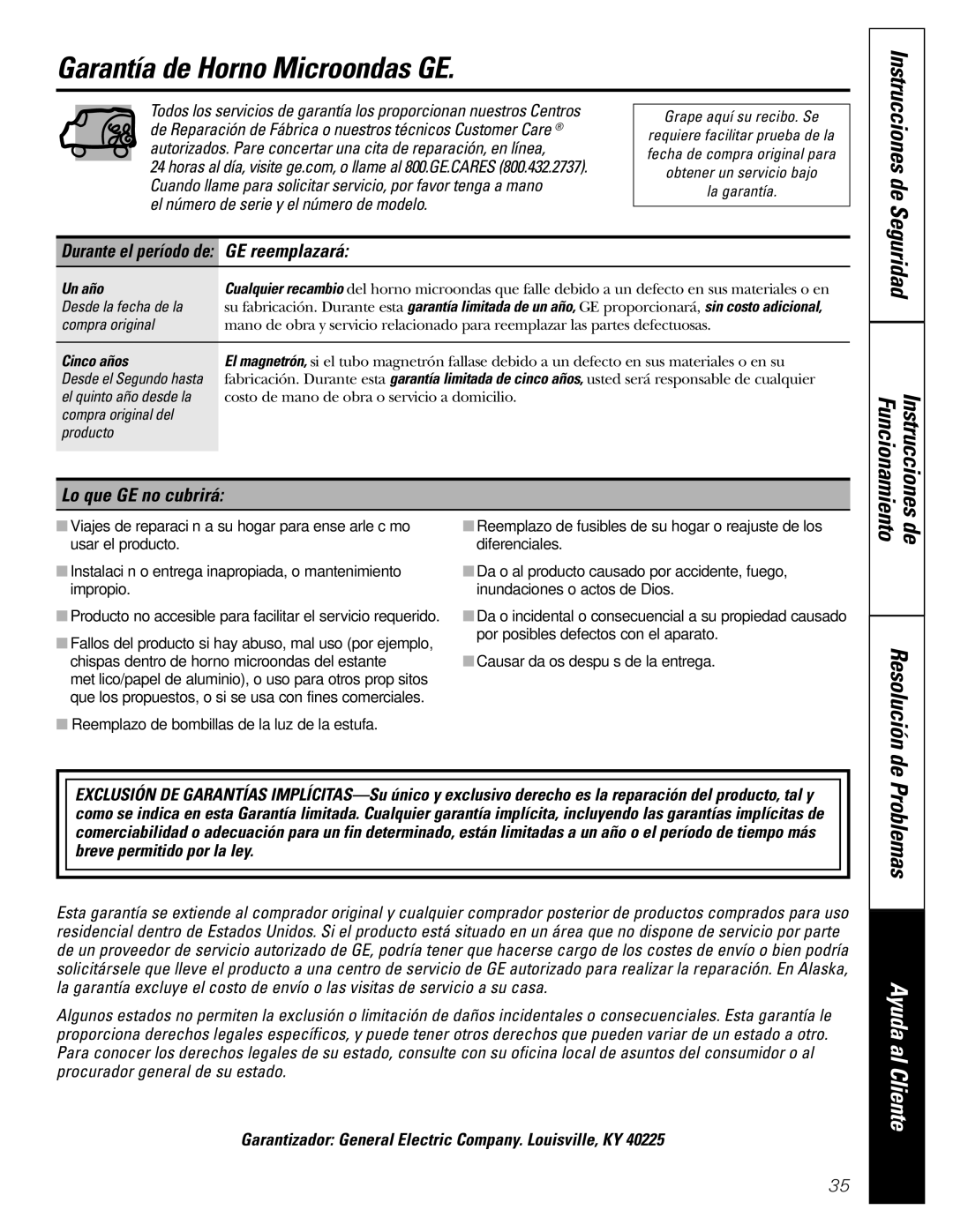 GE JVM1490SS, JVM1490WH owner manual Garantía de Horno Microondas GE, GE reemplazará, Lo que GE no cubrirá 