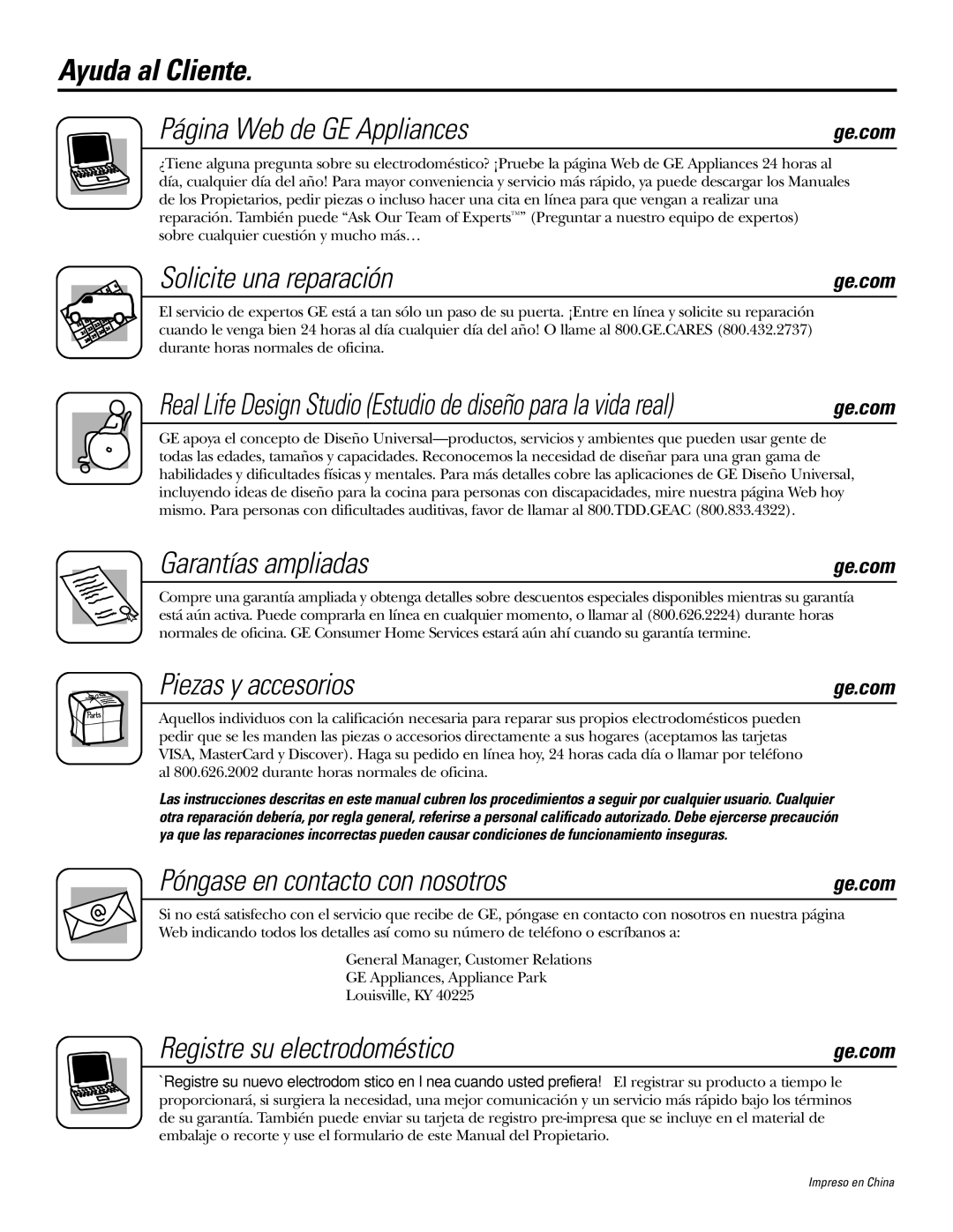 GE JVM1490WH, JVM1490SS Ayuda al Cliente Página Web de GE Appliances, Solicite una reparación, Garantías ampliadas 