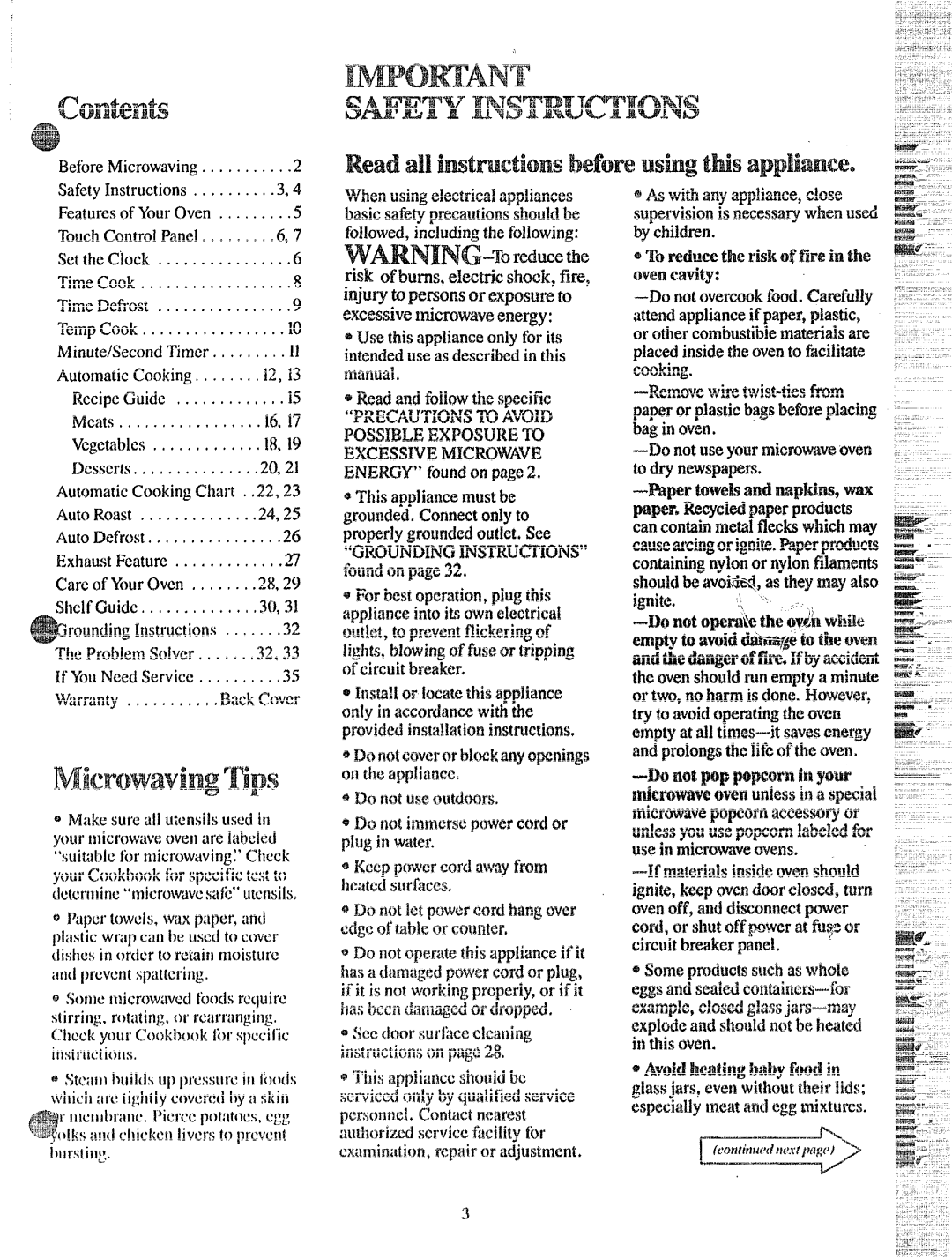 GE JVM150 manual Contenb, Microwaving‘fips, Sm ,W .mSTRUCTIONS 