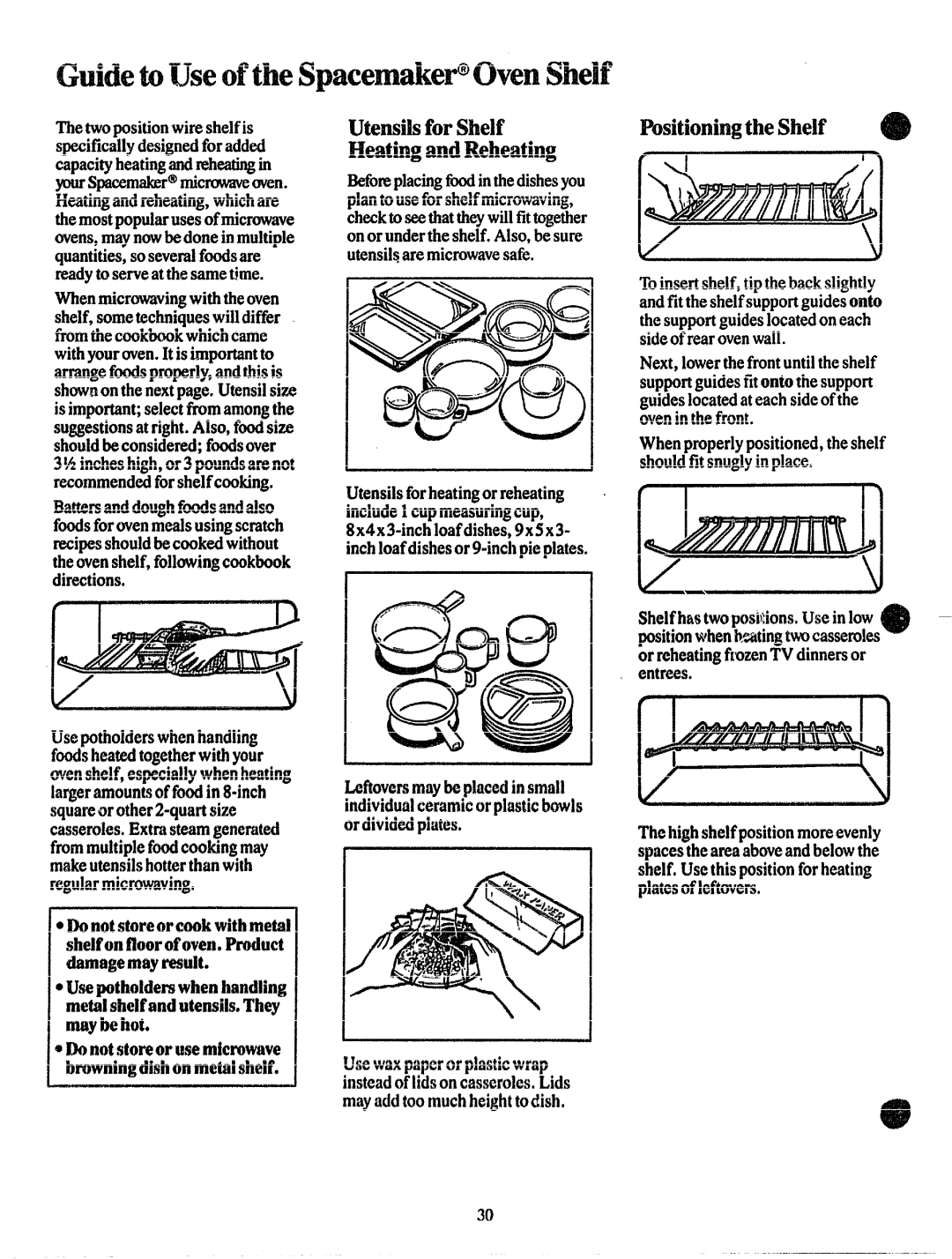 GE JVM150 manual GuidetoUseoftheSpacemakePOven!!!h#’, Positio~imgtheShelf, Heating WNiReheating 