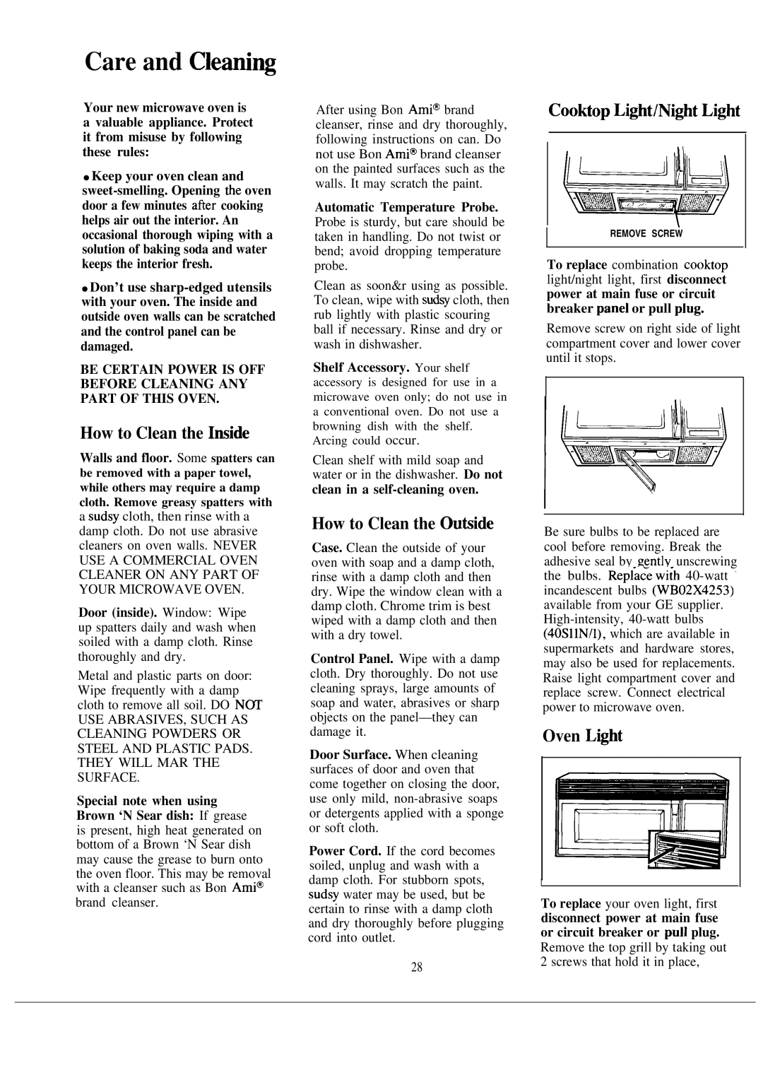 GE JVM150J warranty Care and C1eani~, How to Clean the Imide, How to Clean the Oufiide, Cooktop Li@t/Ni@t Li@t, Oven Li@t 